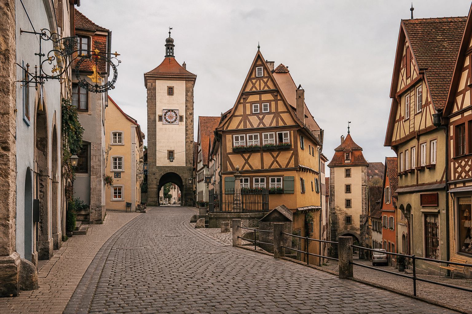 Historische Altstadt mit Fachwerkhäusern und Kopfsteinpflaster in Rothenburg ob der Tauber
